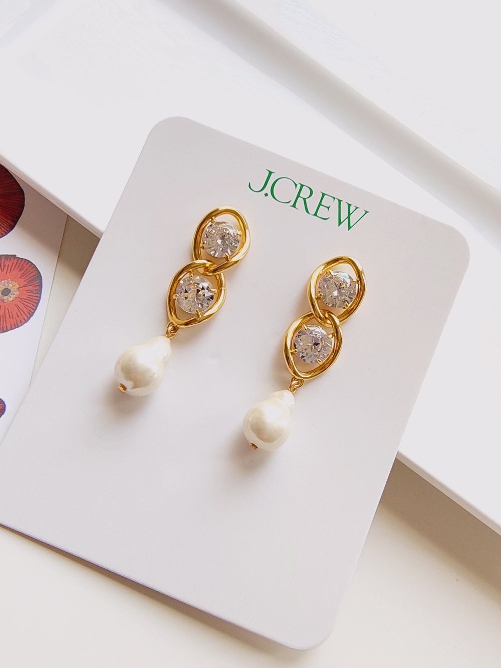 J.Crew Gold Crystal & Pearl Chain link Drop Earrings - Picture 4 of 9